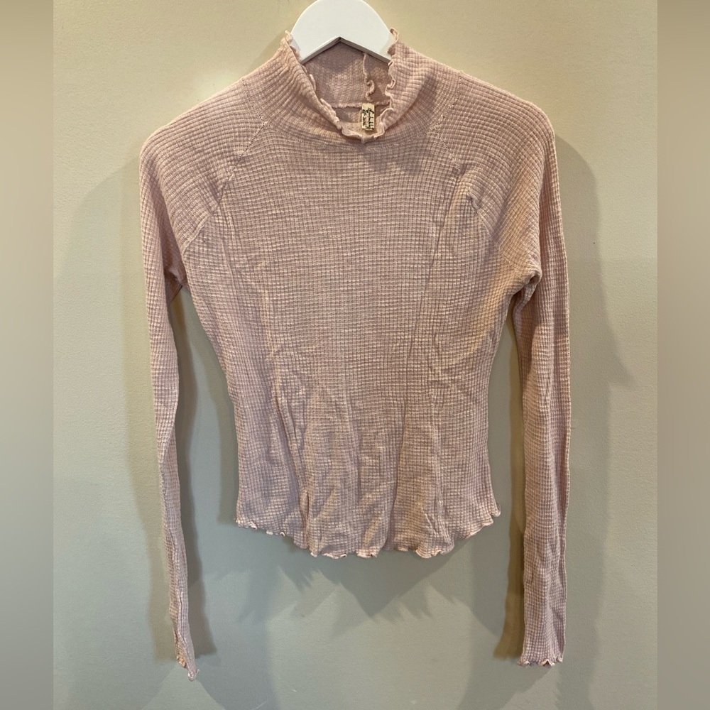 Free People Pink Waffle Knit Long Sleeve Mock Neck Top